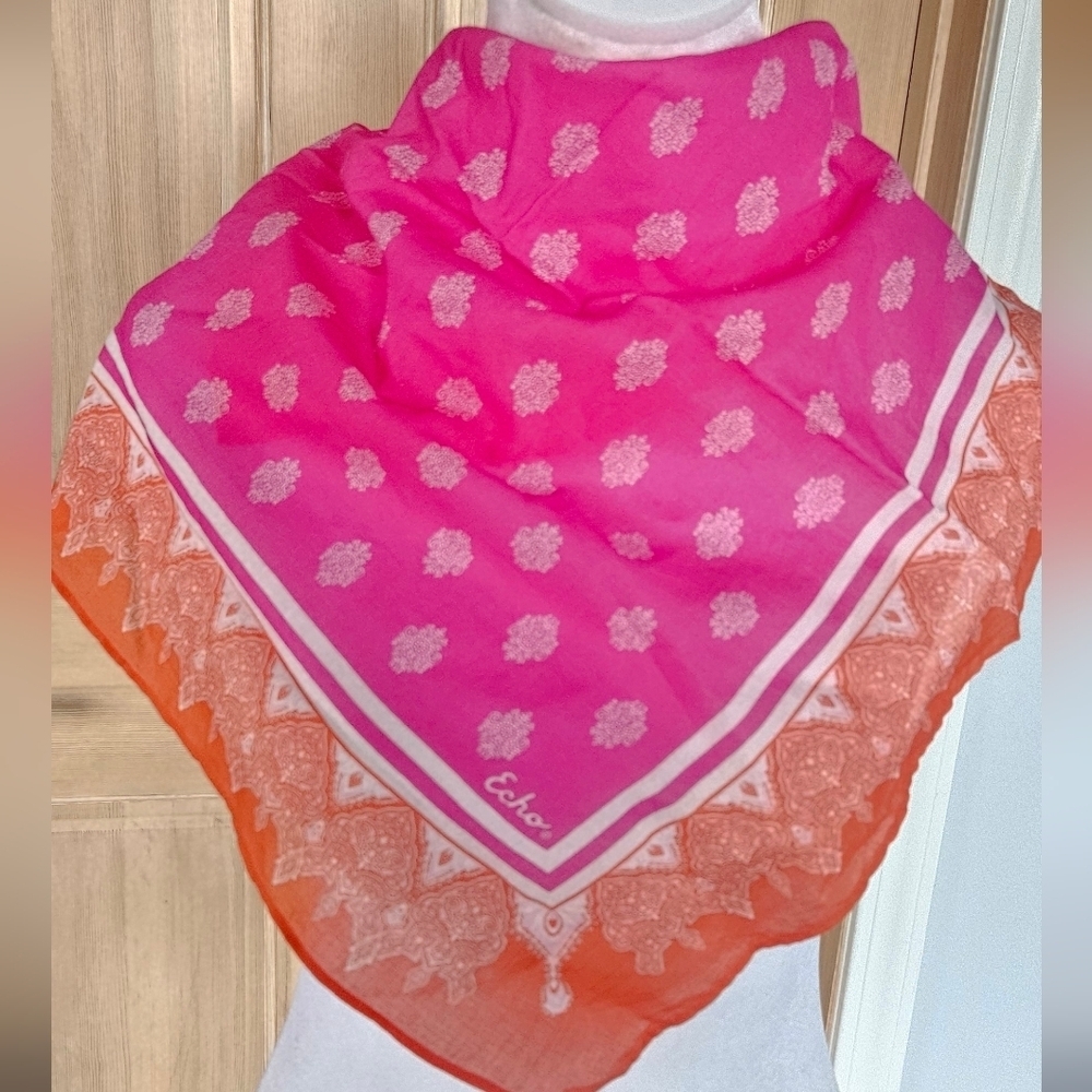 NEW W Tags Echo New York Pink White& Orange Cotton Square Scarf India Beautiful